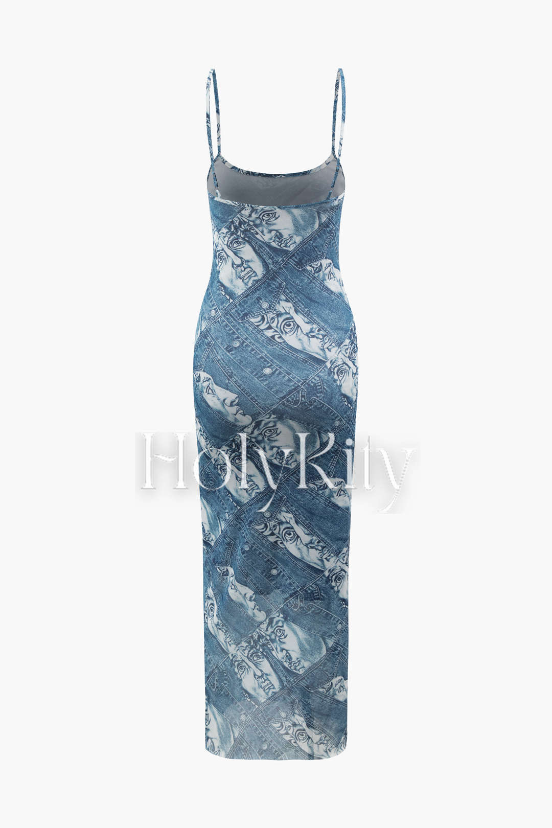 Maxikleid aus Netzstoff mit eckigem Ausschnitt und Gesichtsdruck