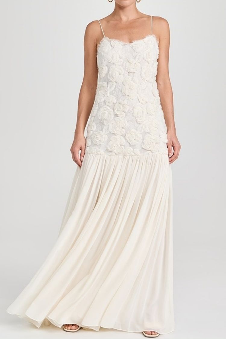 Indulge in Floral Applique Pleated Chiffon Hem Slip Maxi Dress