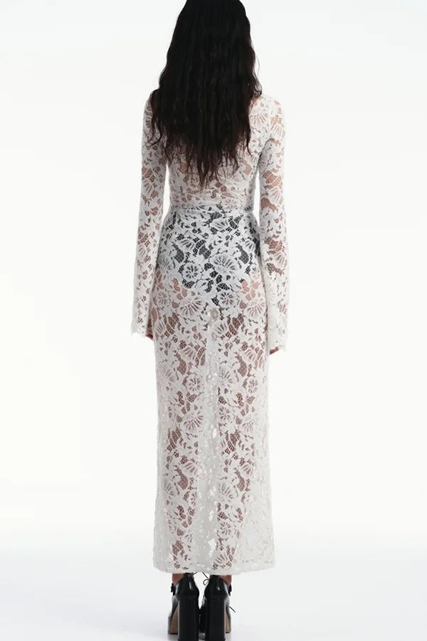 Garcelle Floral Lace Lace-up Long Bell Sleeve Slit Midi Dress