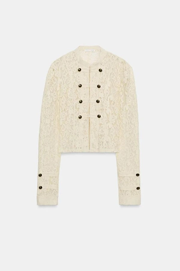 Romantic Retro Napoleon Style Lace Stand Collar Button Up Long Sleeve Jacket