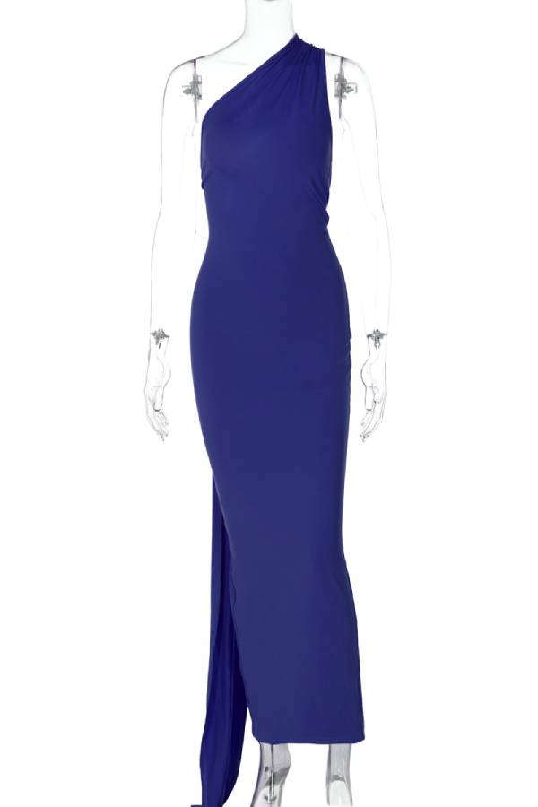 One-shoulder backless long dress with train