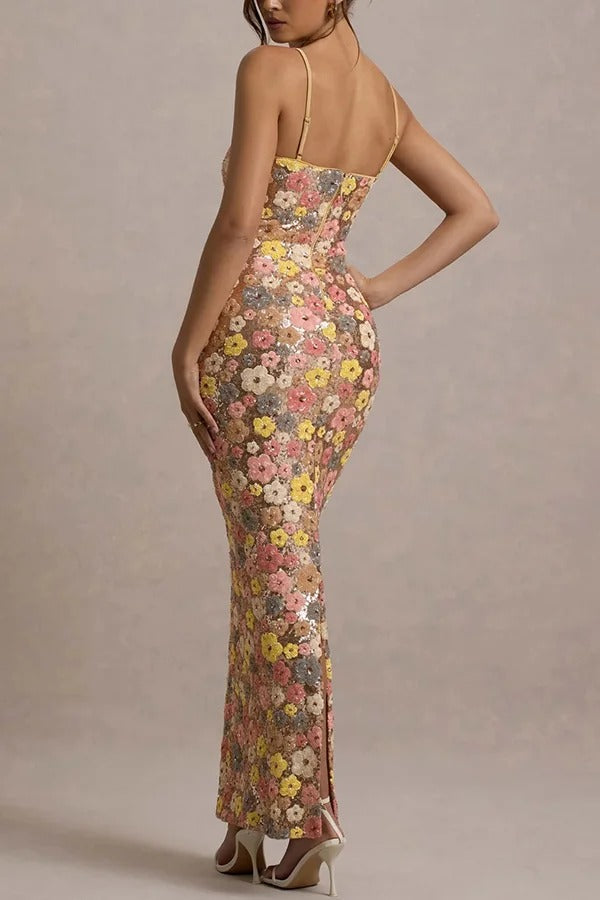 80's Inspired Floral Print Sequin Square Neck Slip Stretch Maxi Dress
