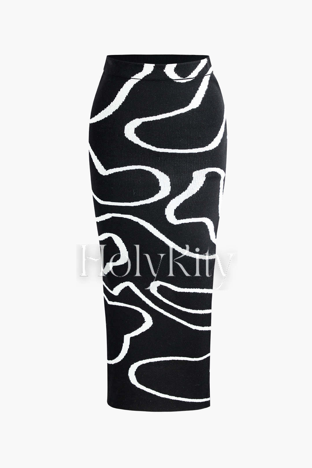 Line Pattern V-neck Long Sleeve Knit Crop Top And Slit Skirt Set