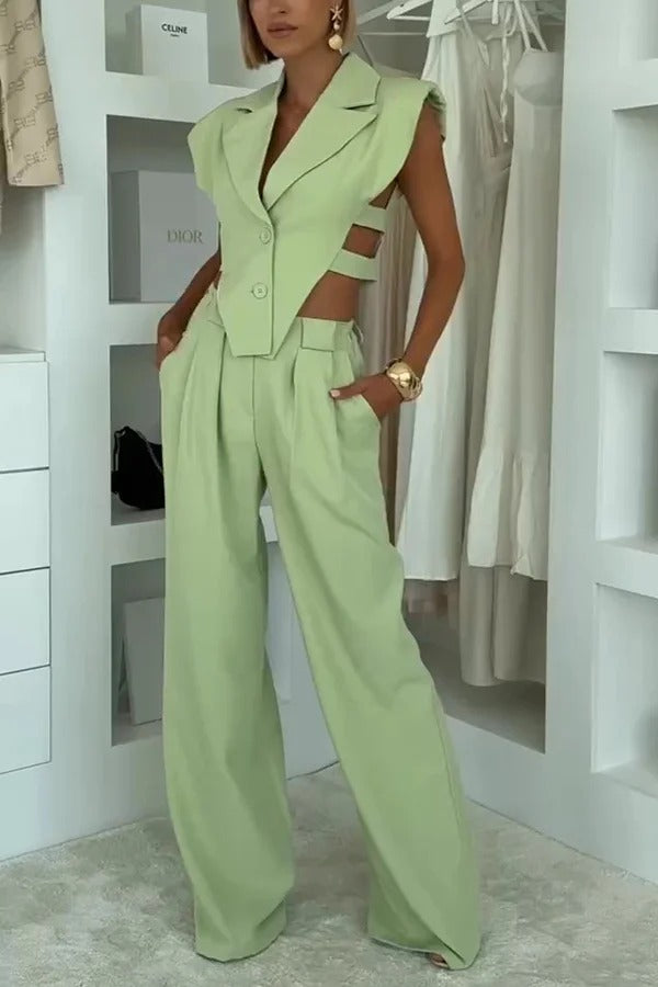 Fashion Style Lapel Waist-baring Irregular Vest and Elastic Waist Pocket Loose Pants Set