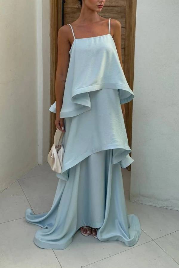Elegant Three-layer Ruffle Sling Maxi Dress