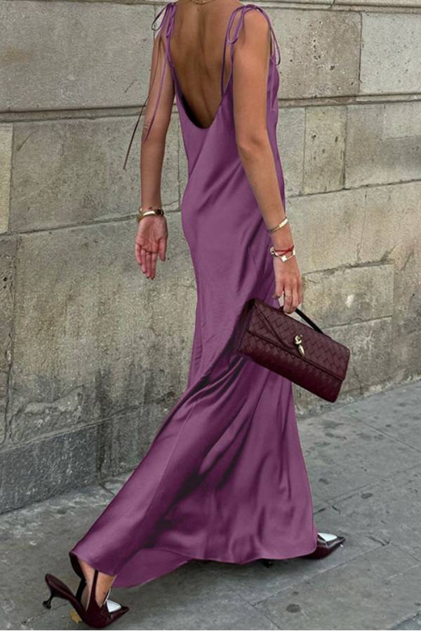 Thin Tie Strap Open Back Glossy Satin Slip Maxi Dress