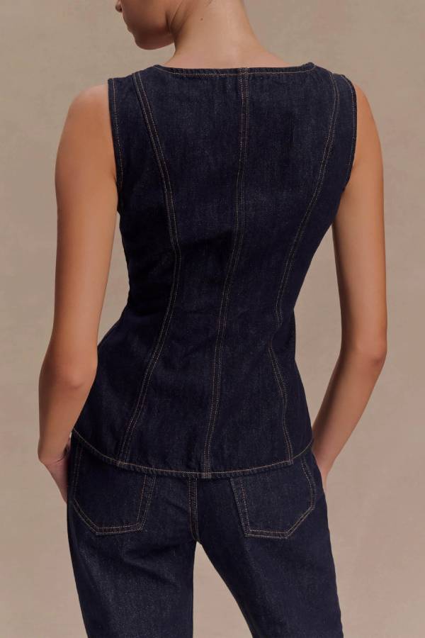 Stassi Denim Square Neck Unique Button Up Princess Seams Vest Top
