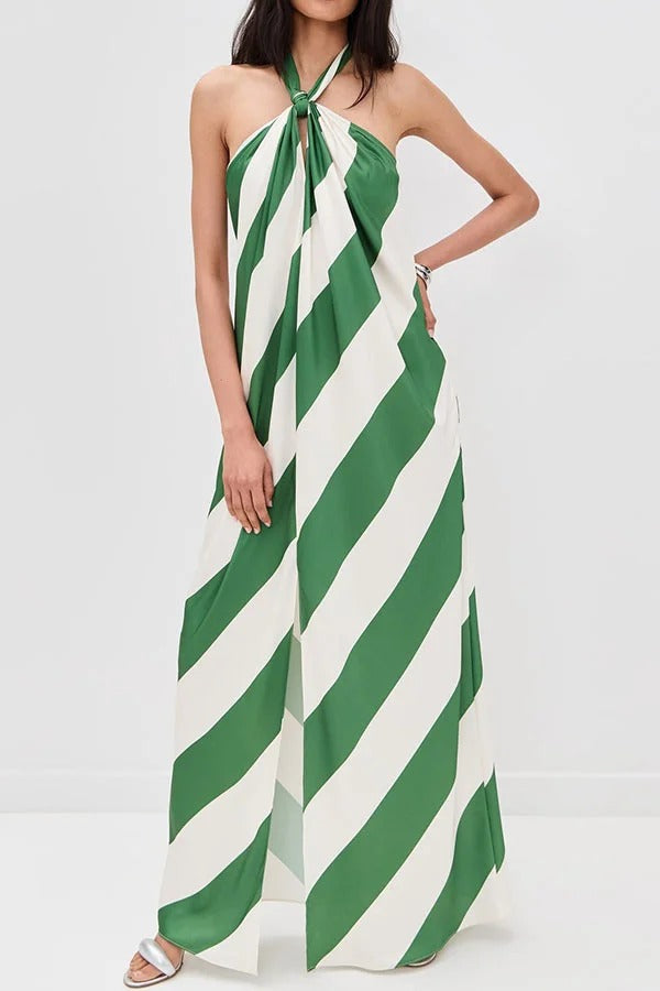 Most Dreamy Stripe Print Halter Tie-up Backless Pocket Loose Maxi Dress