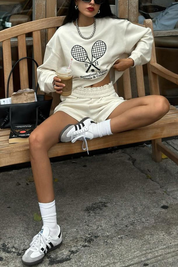 Vintage Casual Embroidered Sweatshirt And Sports High-waisted Shorts Set