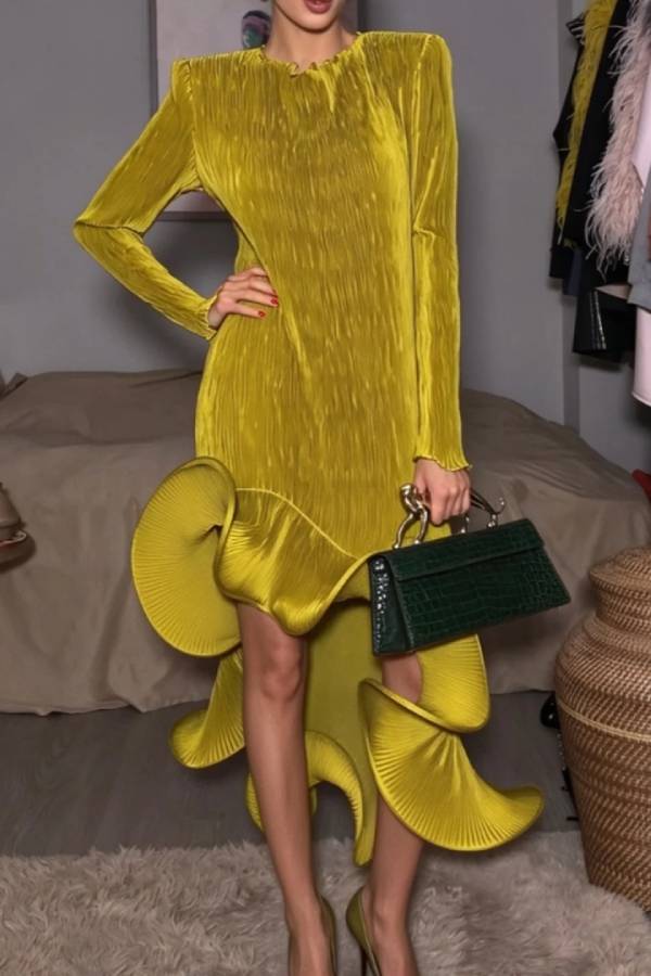 Long Sleeve Pleated High Low Dress with Sculptural Ruffle Hem