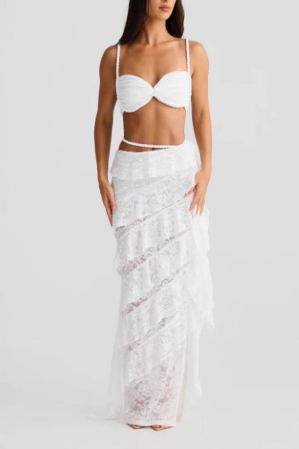 Twist Bandeau Top & Asymmetric Ruffle Lace Maxi Skirt Two-Piece Set