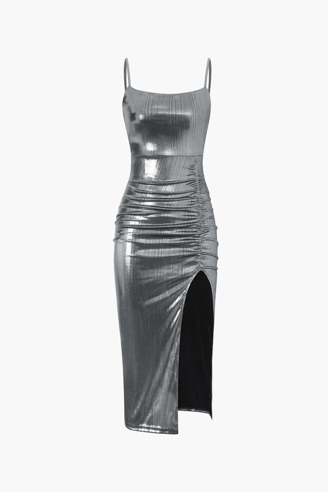 Robe midi fendue froncée métallisée 