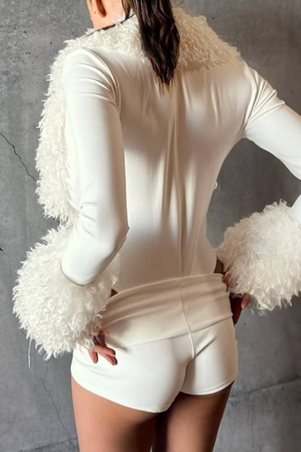 Fur Trim Deep V Slim Bodysuit