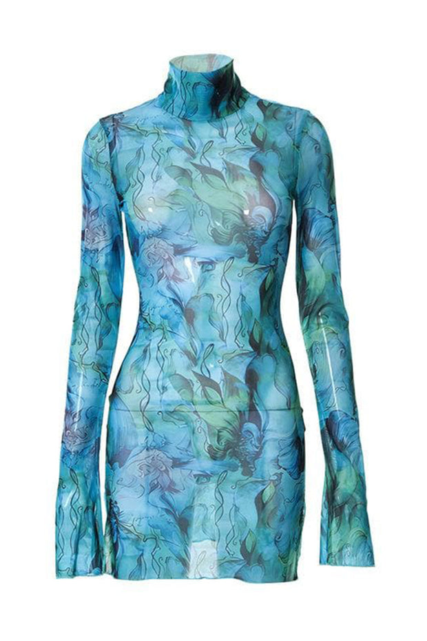 Sheer mesh see through print high neck slit long sleeve mini dress