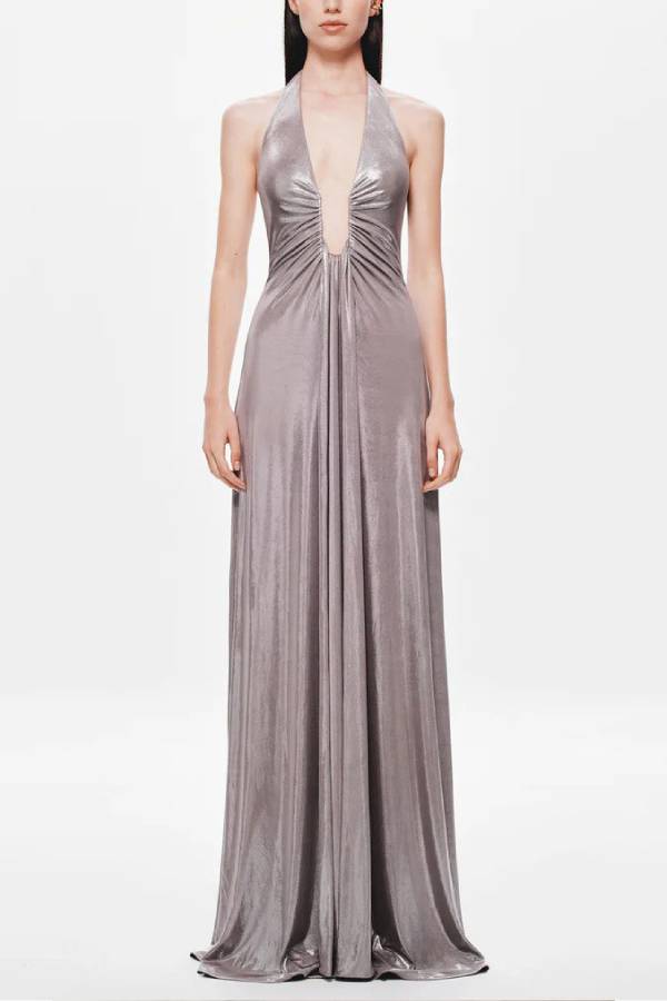 Halter Deep‑V Ruched Draped Evening Maxi Dress