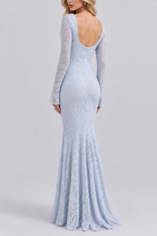 Square Neck Long Sleeve Lace Draped Front Maxi Dress