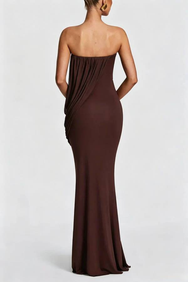 Vienna Modal Jersey Ruched Asymmetric Draped Mesh Strapless Maxi Dress