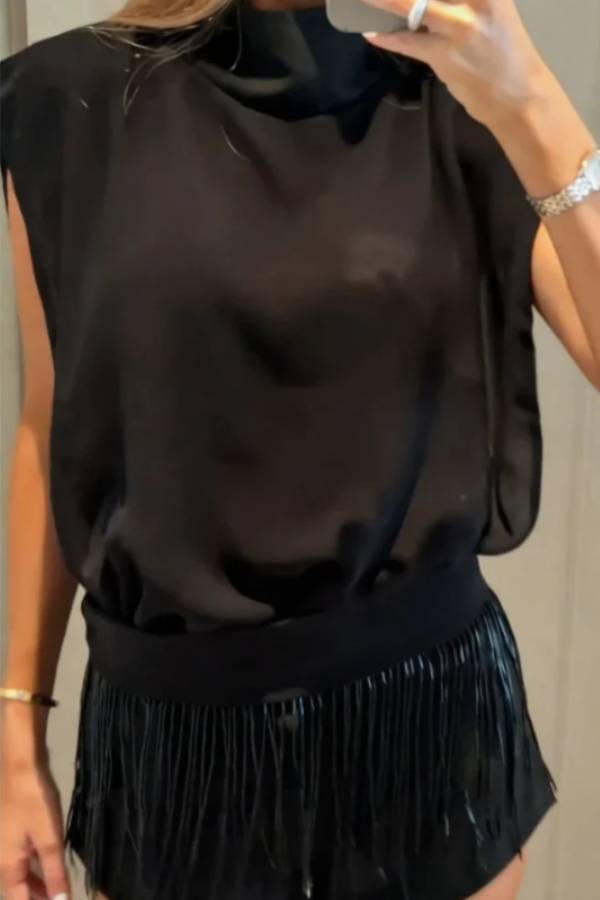 Satin High-Neck Open-Back Top & Fringe Shorts Set