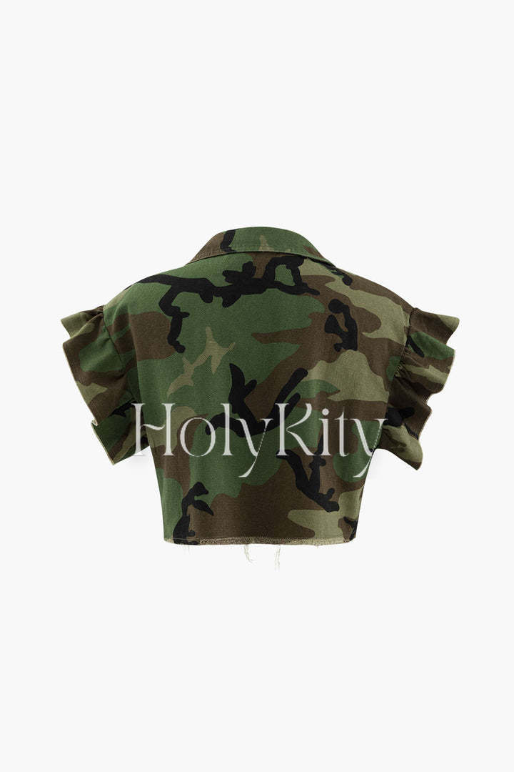 Chemise courte à manches volantées camouflage 