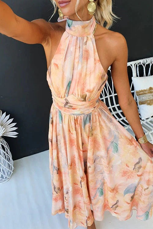 Halter Open Back Waisted Beck Print Maxi Dress