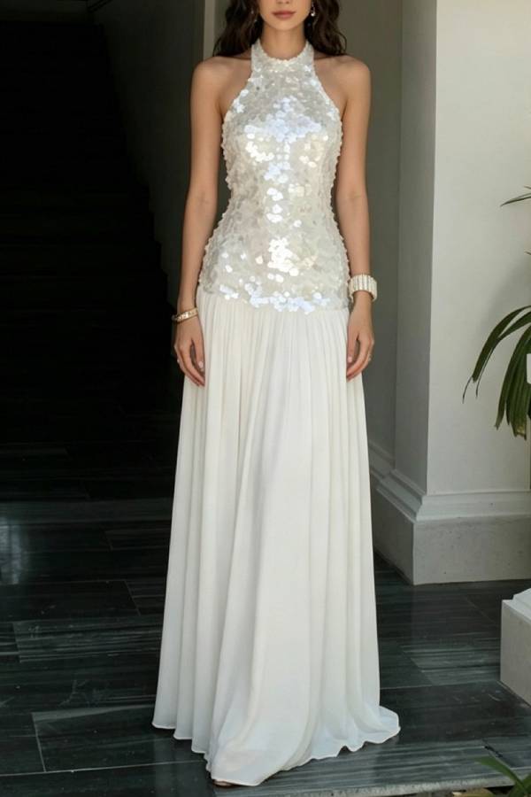 Halter Sequin Chiffon Spliced Long Evening Gown