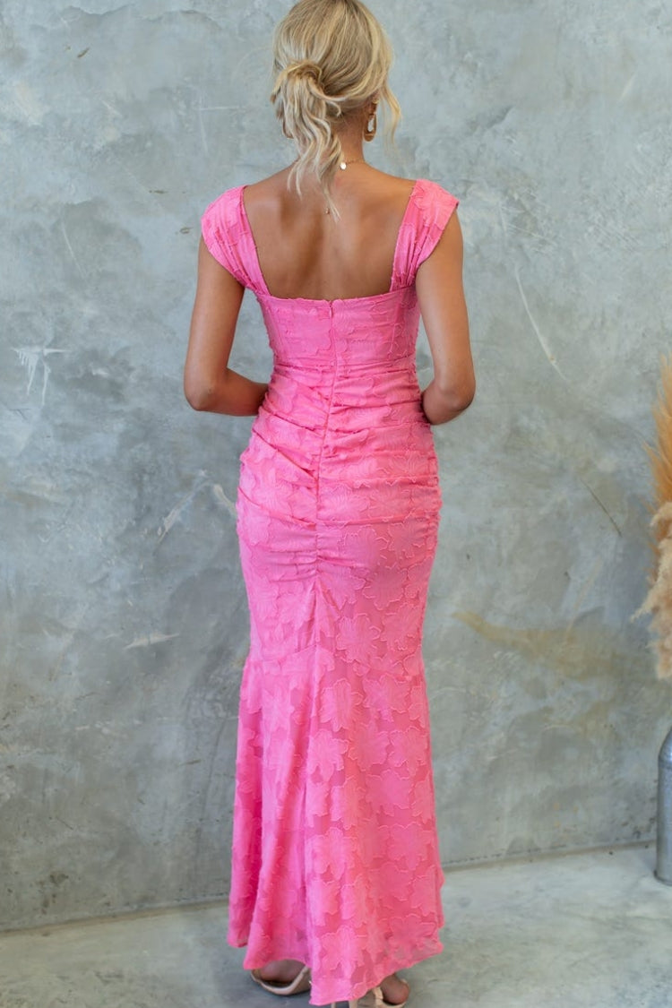 Unreal Beauty Floral Textured Material Ruched Fishtail Maxi Dress