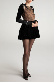 Long Sleeve Mesh Velvet Patchwork Ribbon Cut Out Pleated Mini Dresses