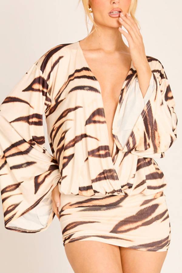 Deep‑V Batwing Long Sleeve Bodycon Mini Dress