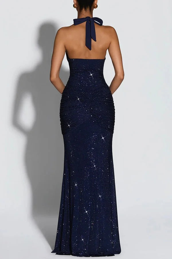 Rosetta Sequin Deep U-neck Ruched Hip Draped Panel Halter Maxi Dress