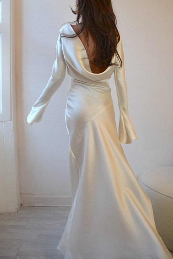 Satin Elegant Long-sleeved Open-back Slim-fit Slit Maxi Dress