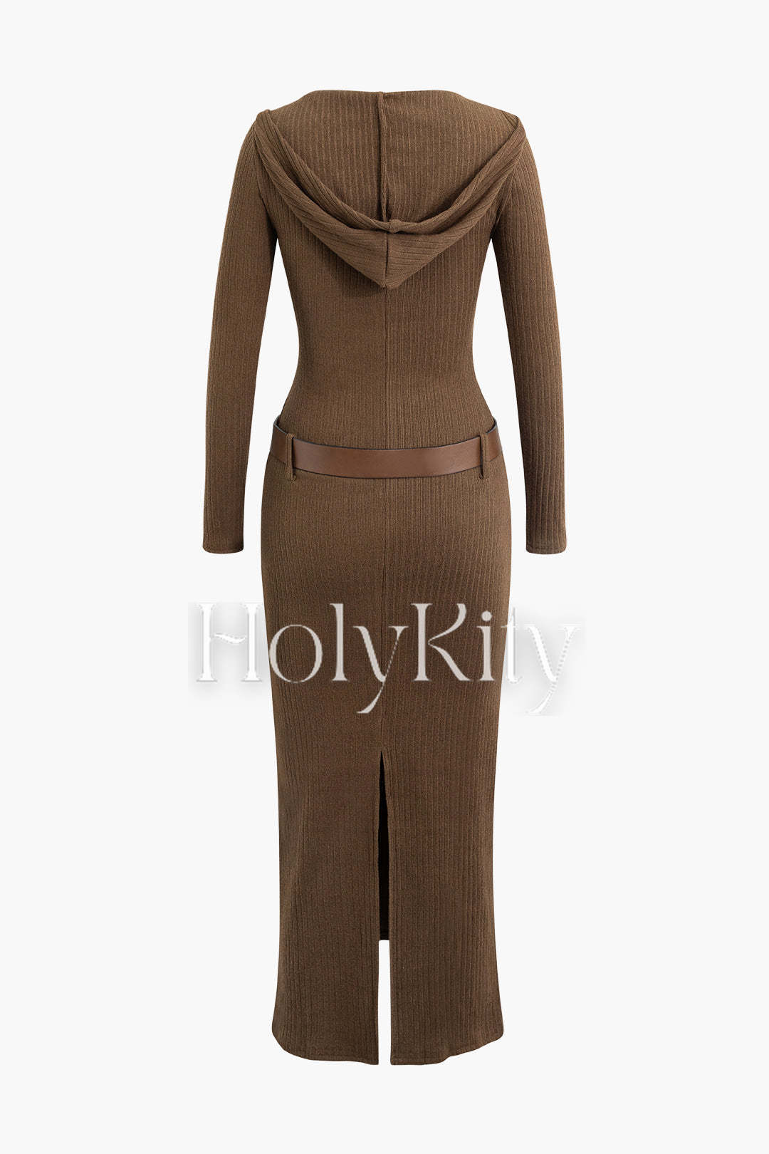 Langärmliges Maxikleid aus Strick mit Kapuze, Gürtel und Schlitz 