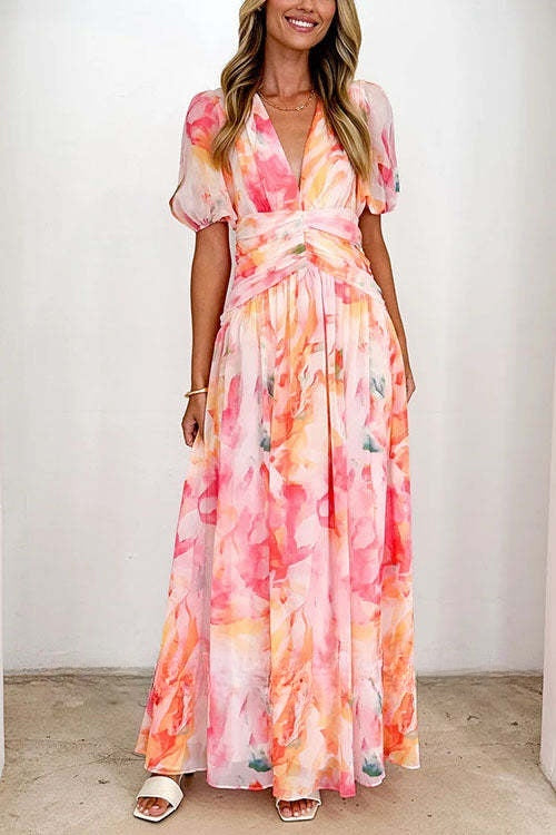 V Neck Puff Sleeves Ruched Waist Printed Maxi Dress