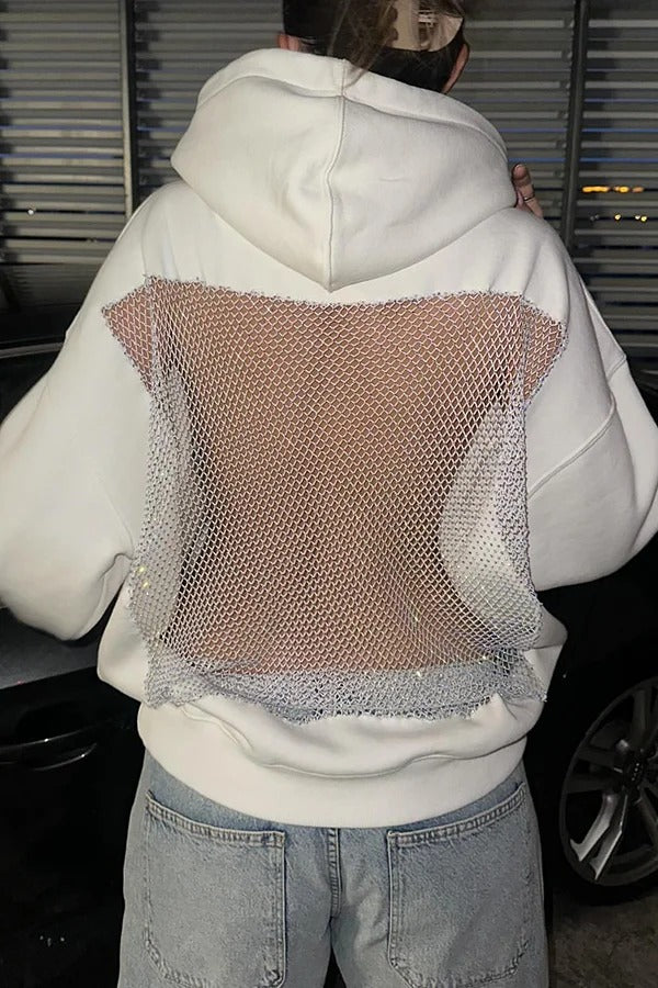 Fashionable Shiny Mesh Hollow Back Loose Long-sleeved Hooded Sweatshirt