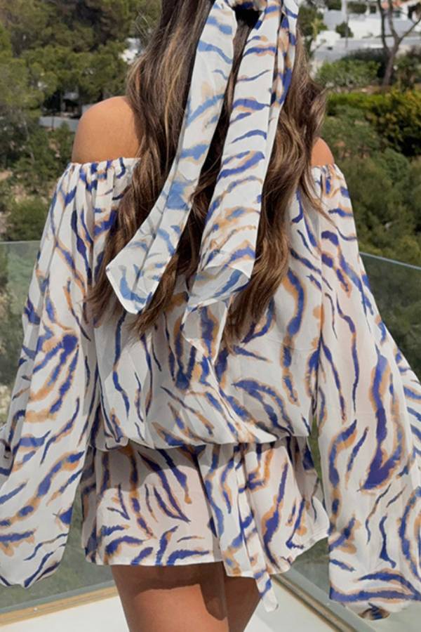 Blue & Brown Tiger Print Off-Shoulder Lantern Sleeve Vacation Dress