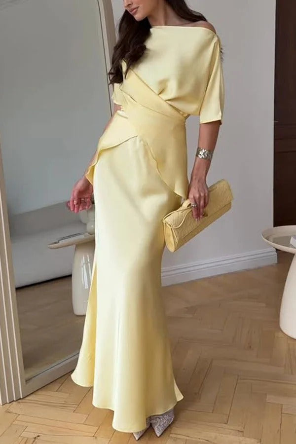 Secret of Elegance Satin Slit Back Lace-up Top and Elastic Waist Flare Maxi Skirt Set