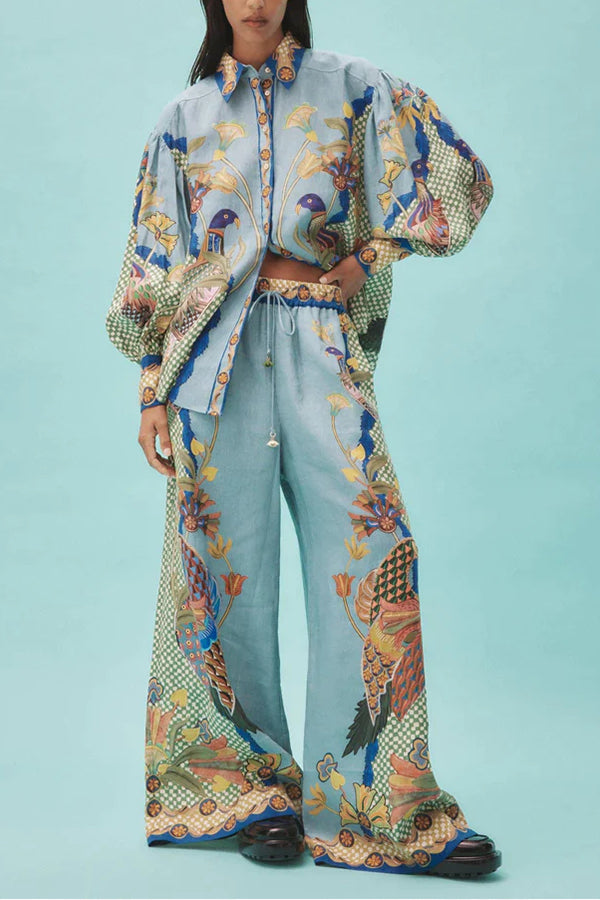 Sun Seeking Unique Heaven Bird Print Balloon Sleeve Button Loose Shirt
