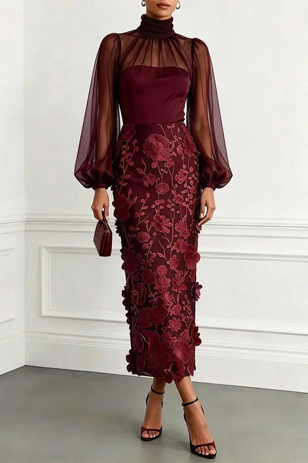 Tanie Tulle High Neck Long Lantern Sleeve 3D Floral Appliqués Hem Midi Dress