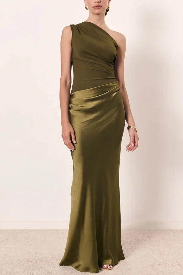 Kaia Satin Contrast Fabric Patchwork One Shoulder Ruched Maxi Dress