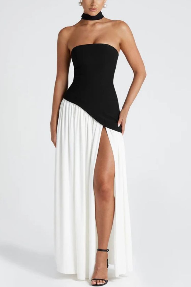 Black and White Contrast Scarf Irregular Slit Maxi Dress