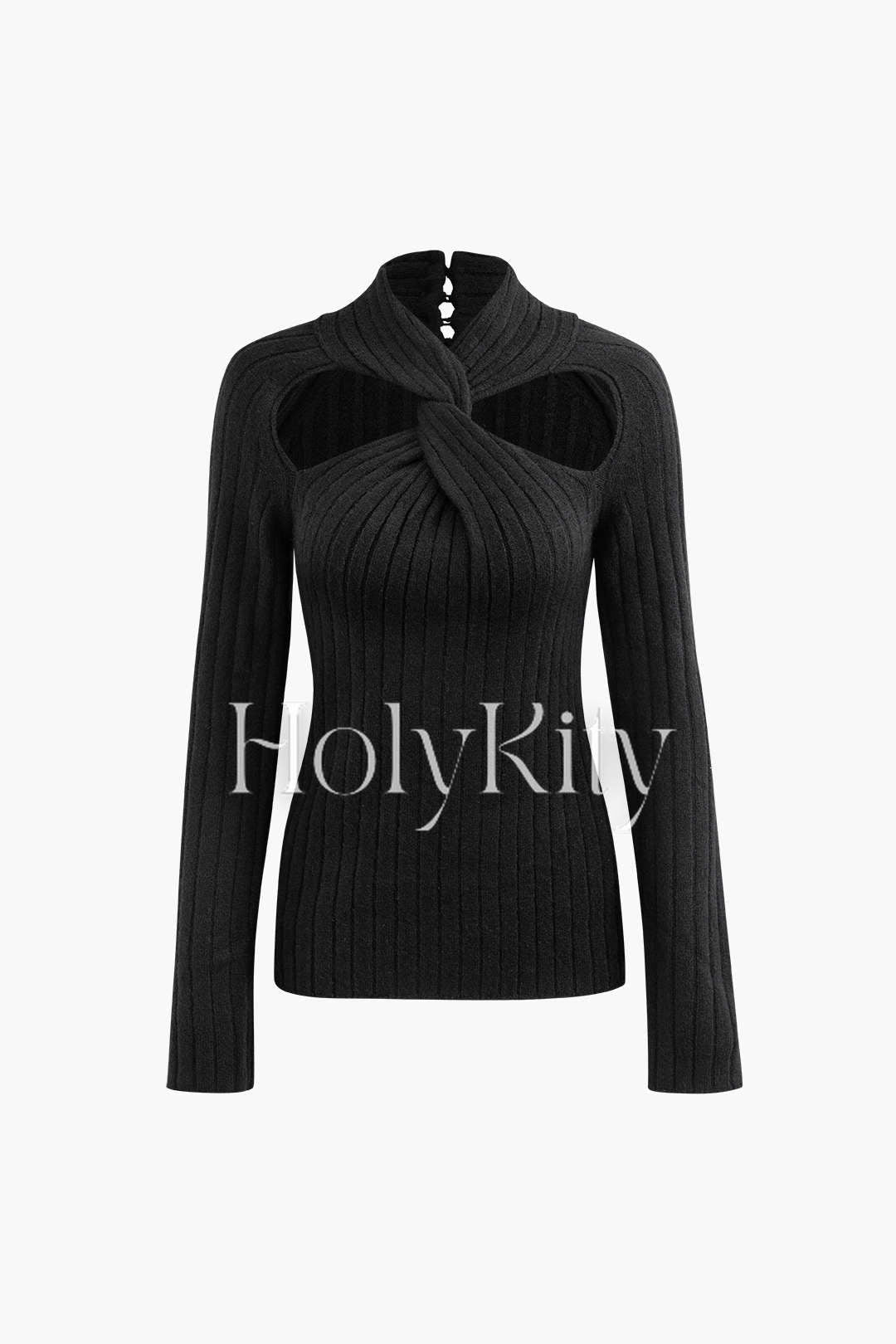 Strickoberteil mit Stehkragen, Twist-Front und Cut-Out 
