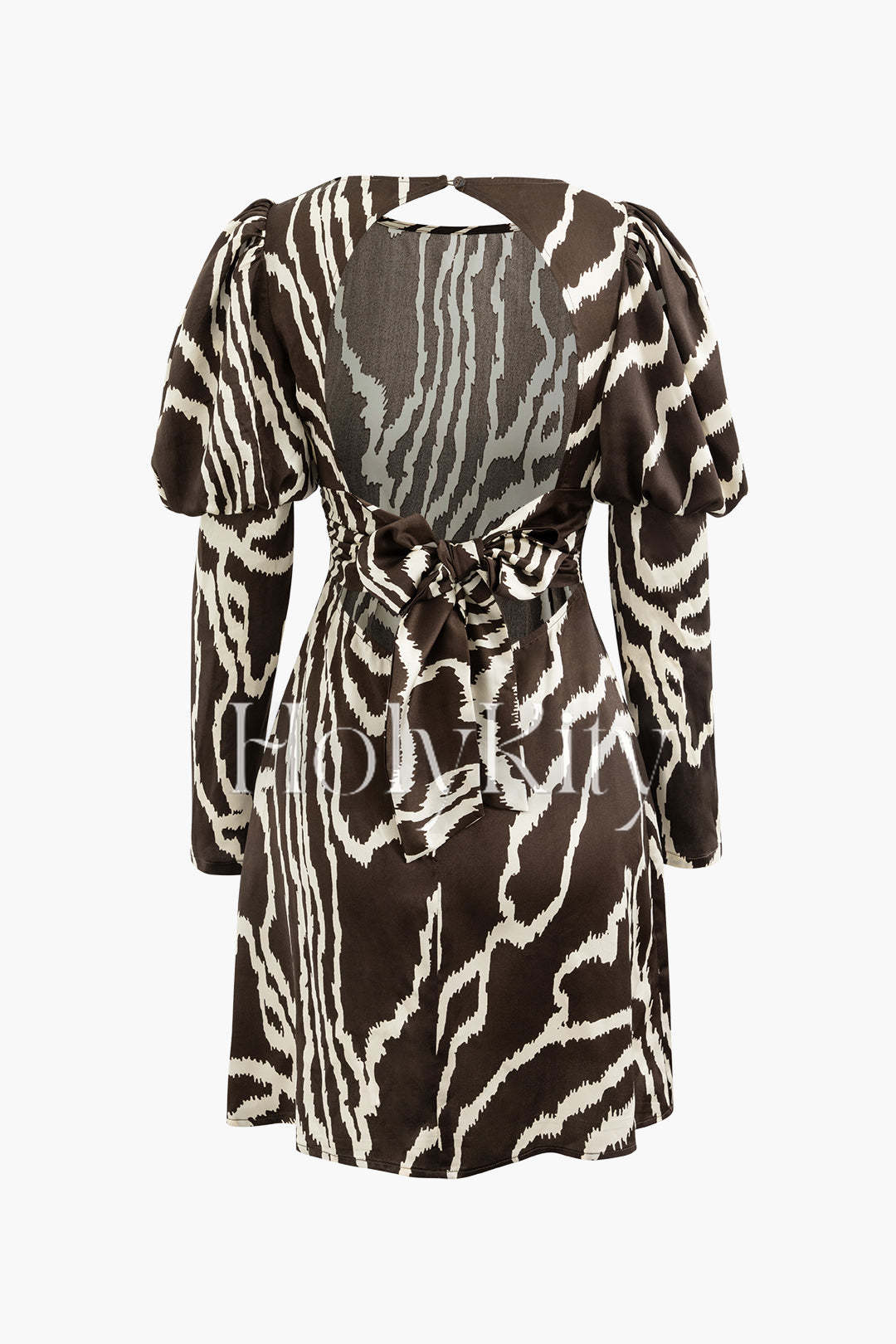 Printed Round Neck Back Cut Out Puff Sleeve Mini Dress
