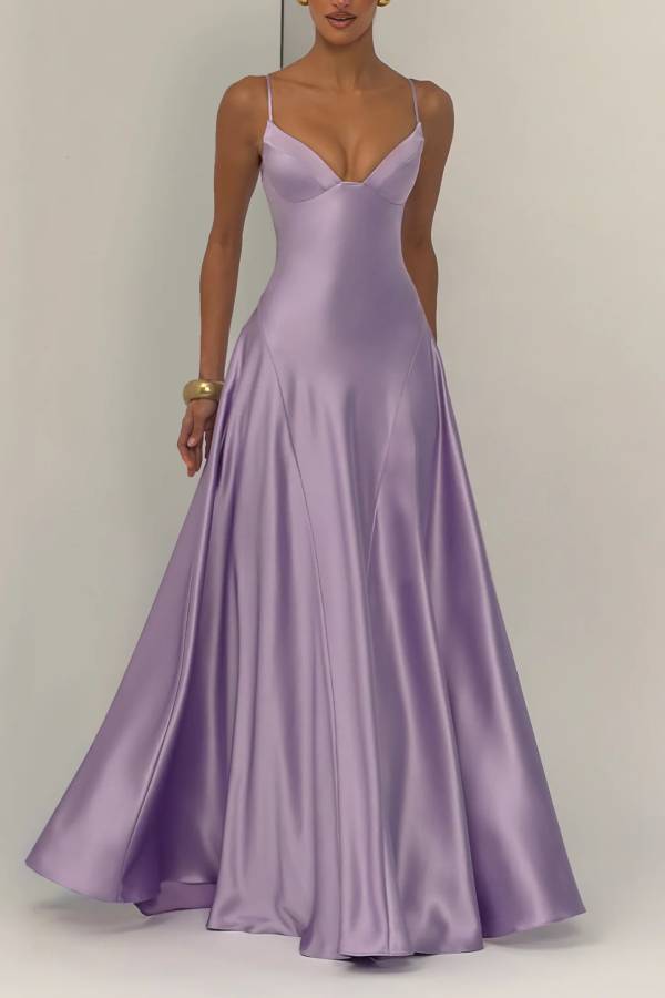 Asterin Satin V-neck Back Lace-up Slip Flare Maxi Dress