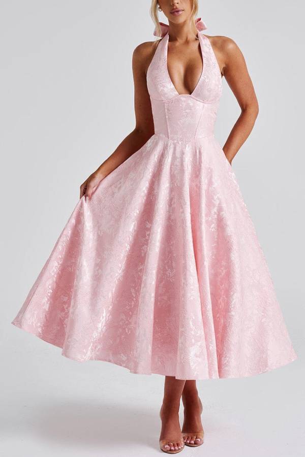 Halter Deep V Jacquard Waisted Midi Evening Dress