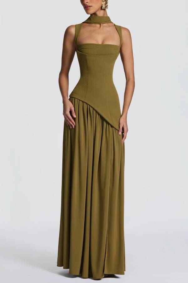 Halter Square Neck Fitted Slit Long Evening Gown