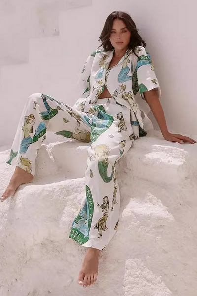 Drawing Print Half Sleeve Blouse Wide Leg Pants Matching Set