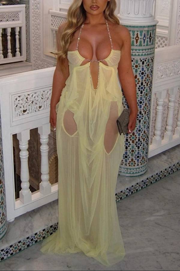 Rhinestone Halter Mesh Cutout Maxi Gown