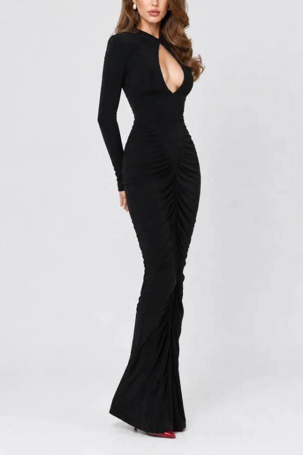 Black Long Sleeve Cutout Front Ruched Fishtail Maxi Evening Dress