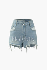Asymmetric Frayed Denim Shorts