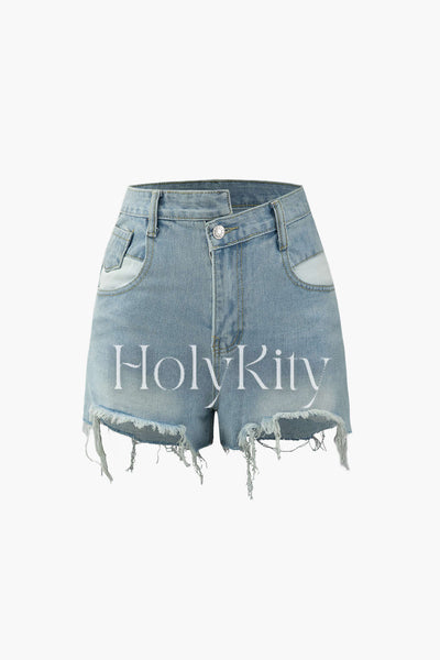 Asymmetric Frayed Denim Shorts