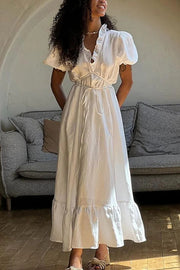 Ruffled Trim V Neck Puff Sleeve Tie Up A-Line Midi Dresses-White